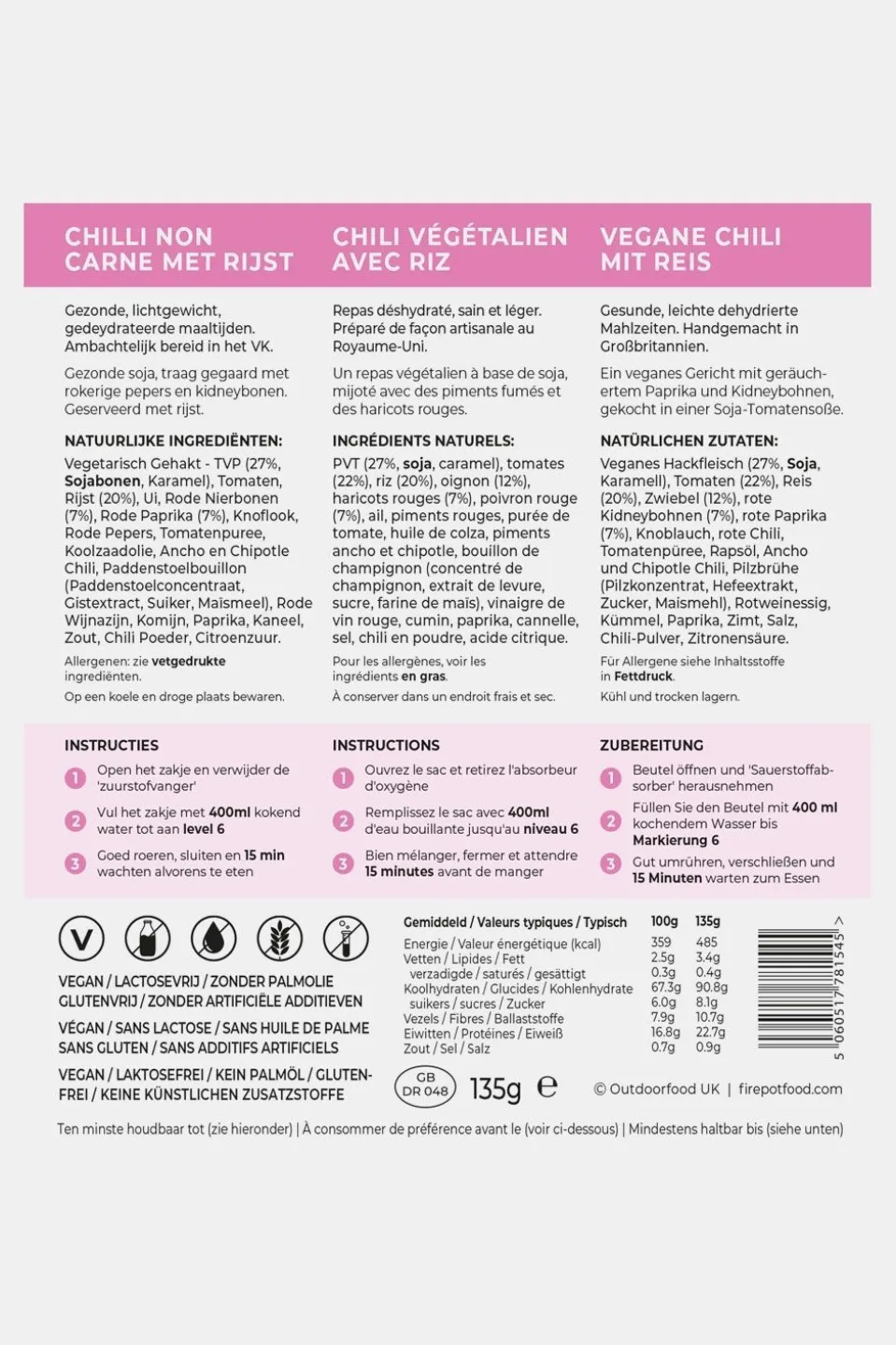 Firepot Vegan Chilli Non Carne Met Rijst 1-persoon Maaltijd