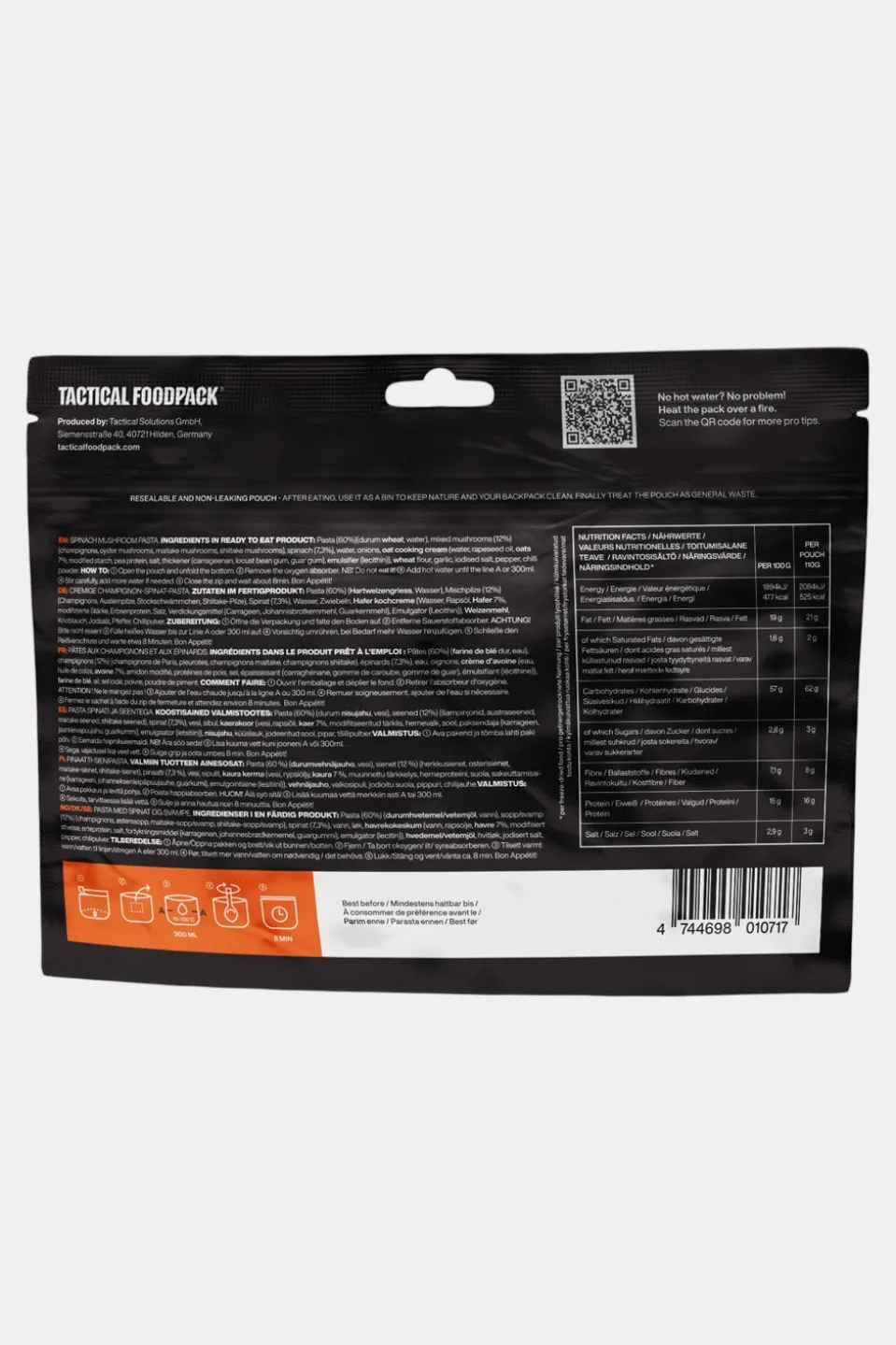 Tactical Foodpack Spinach Mushroom Pasta Maaltijd